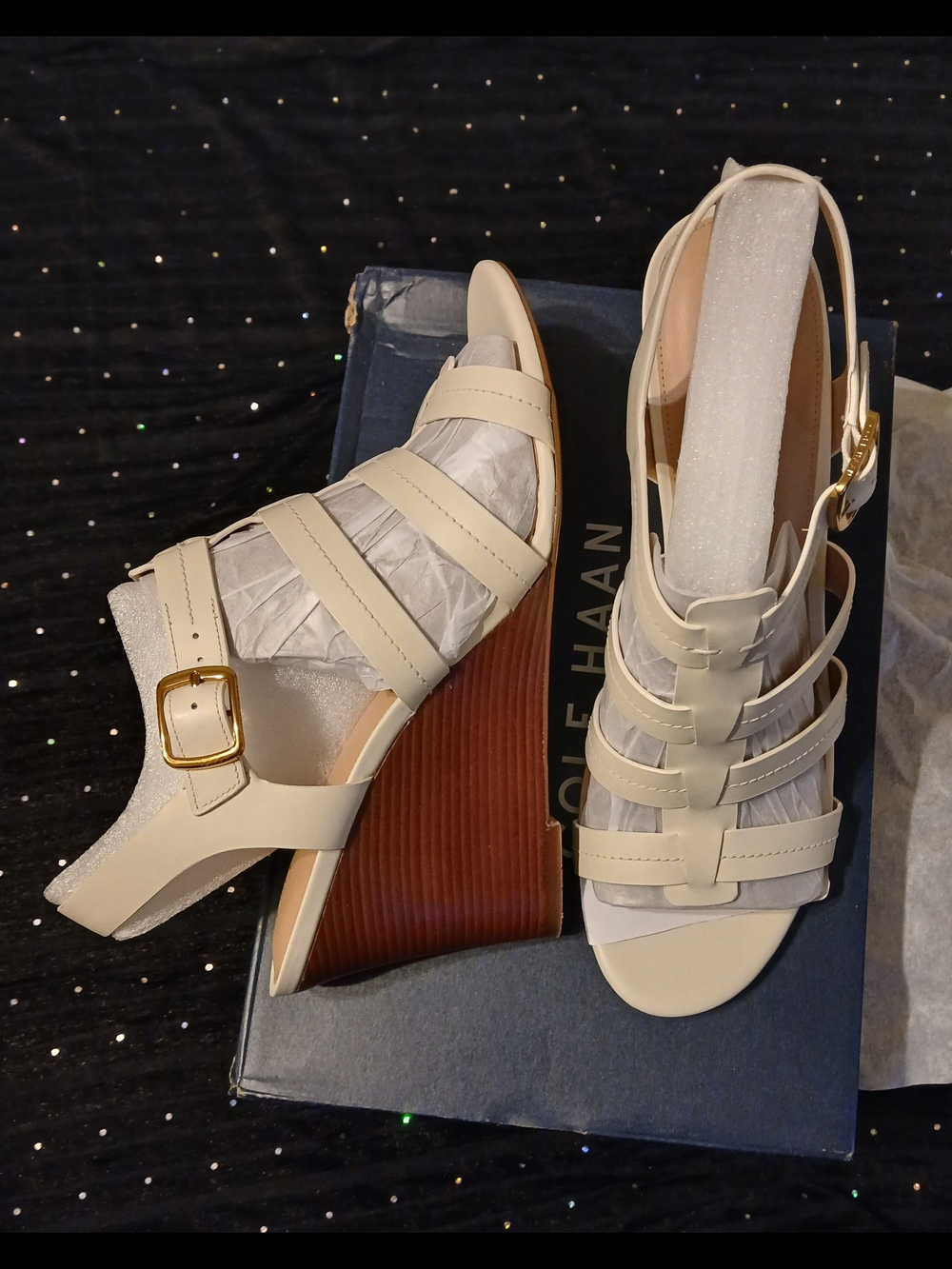 Cole Haan Cream Multi-Strap Wedge Sandals with Gold Buckle Accent